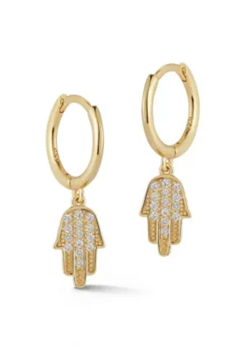 Sterling Silver CZ Hamsa Hand Charm Huggie Hoop Earrings