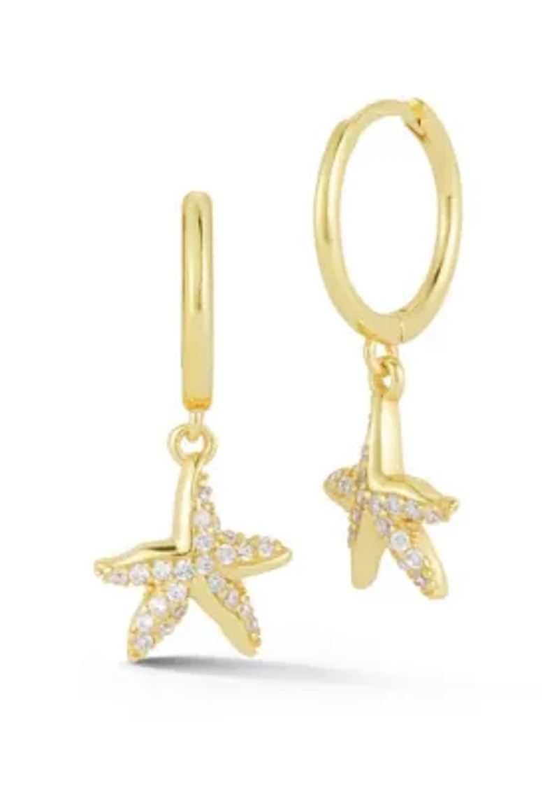 Sterling Silver CZ Starfish Charm Huggie Hoop Earrings