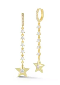 Sterling Silver CZ Star Charm Drop Huggie Hoop Earrings