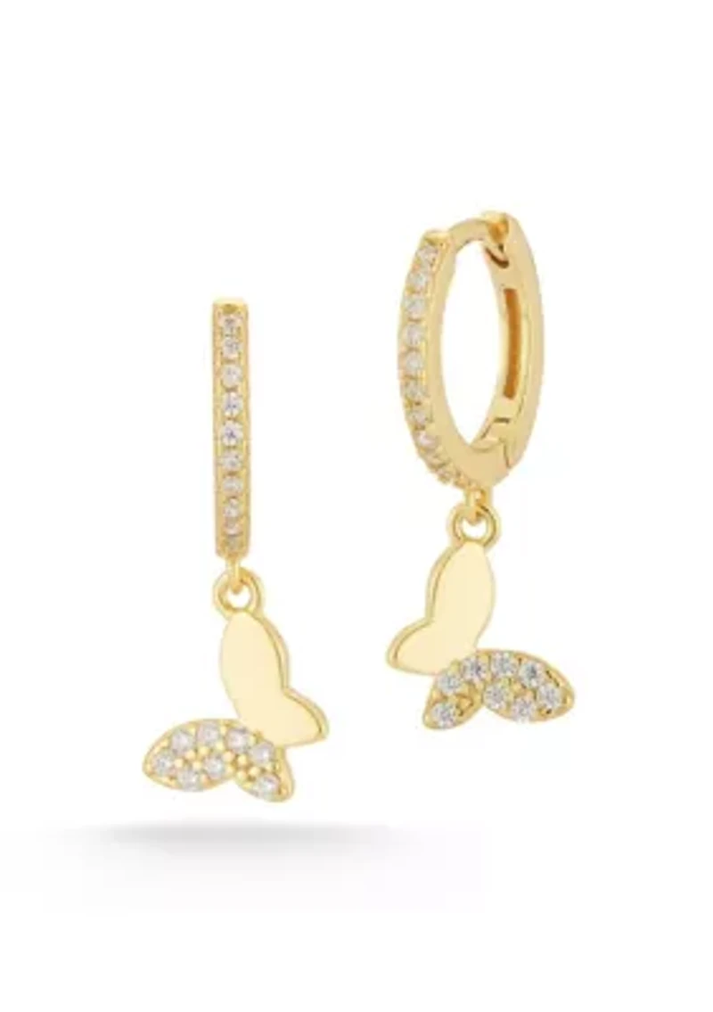 Sterling Silver CZ Butterfly Charm Huggie Hoop Earrings