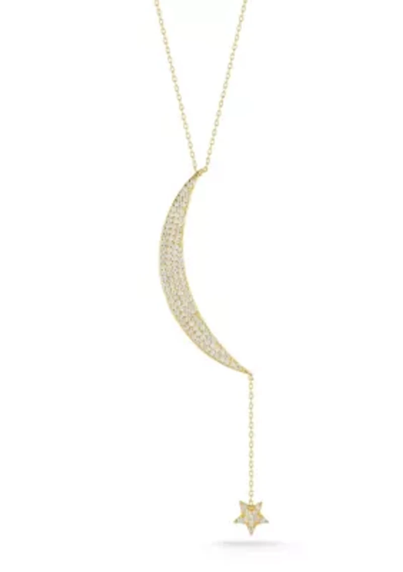 Sterling Silver Cubic Zirconia Moon and Dangling Star Pendant Necklace