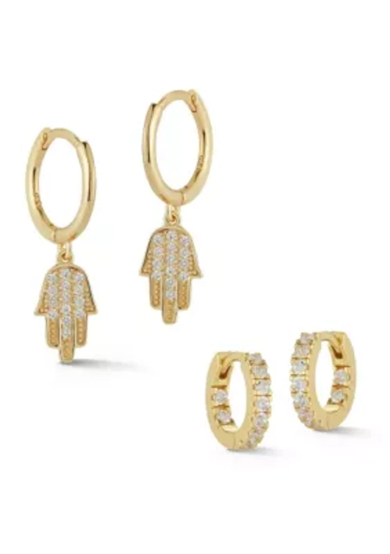 Sterling Silver CZ Inside Out Huggies and Hamsa Charm 2 Pair Set