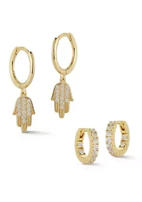 Sterling Silver CZ Inside Out Huggies and Hamsa Charm 2 Pair Set