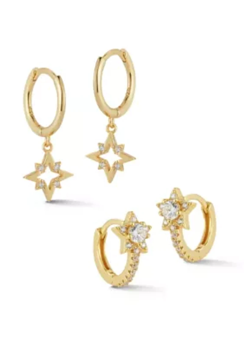 Sterling Silver CZ Star Huggies and Drop Earrings 2 Pair Set