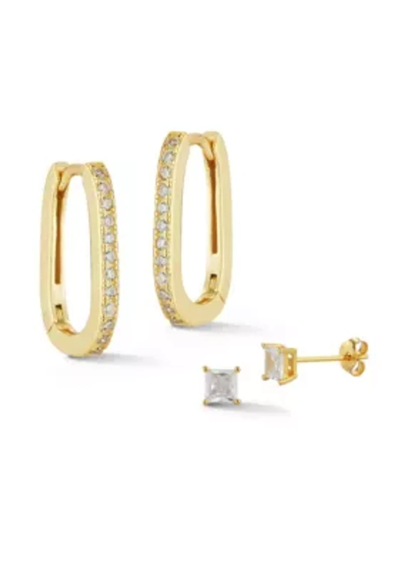 Sterling Silver Pave Oval Earrings and CZ Studs 2 Pair Set