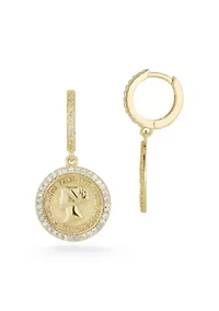 Sterling Silver Cubic Zirconia Coin Charm Huggie Hoop Earrings