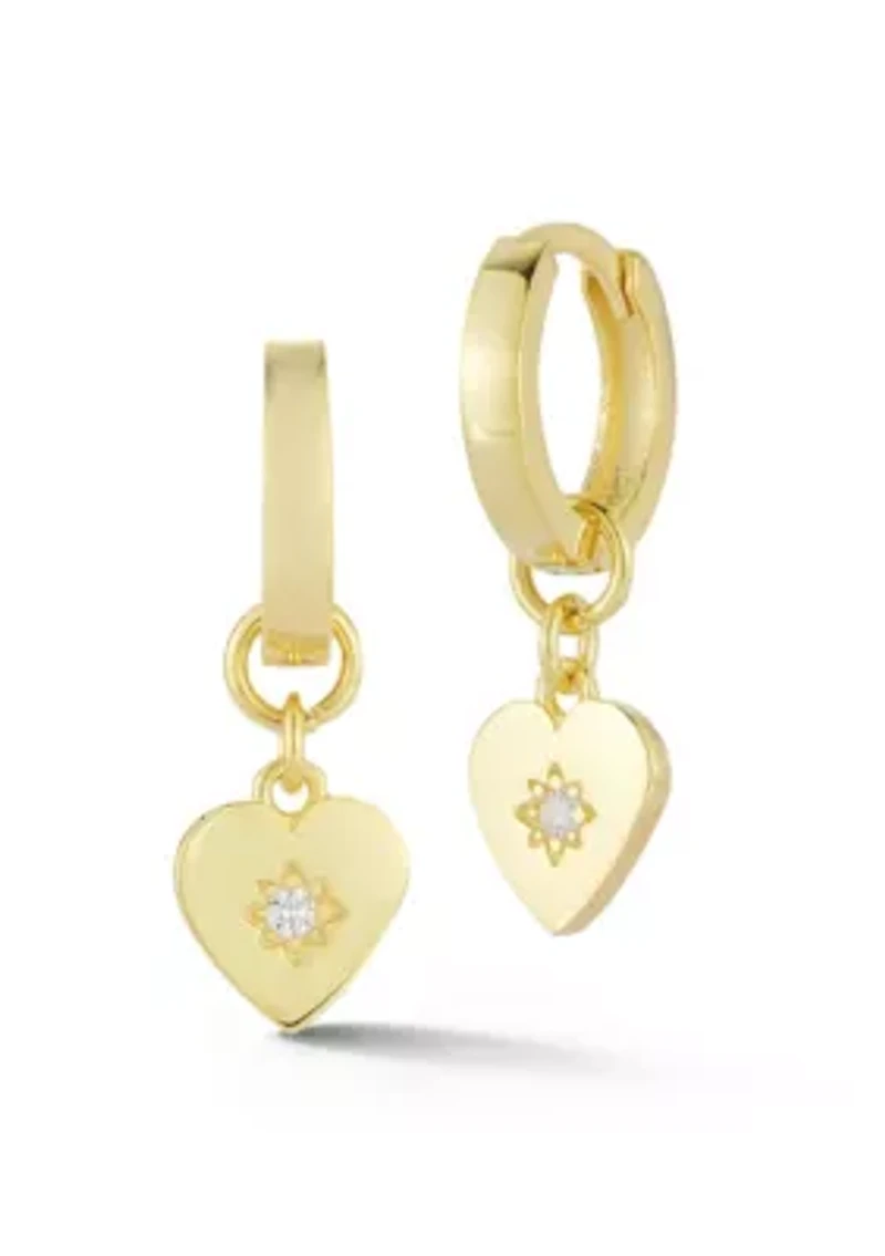 Sterling Silver CZ Heart Charm Huggie Hoop Earrings