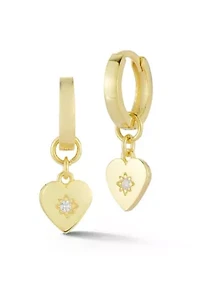 Sterling Silver CZ Heart Charm Huggie Hoop Earrings