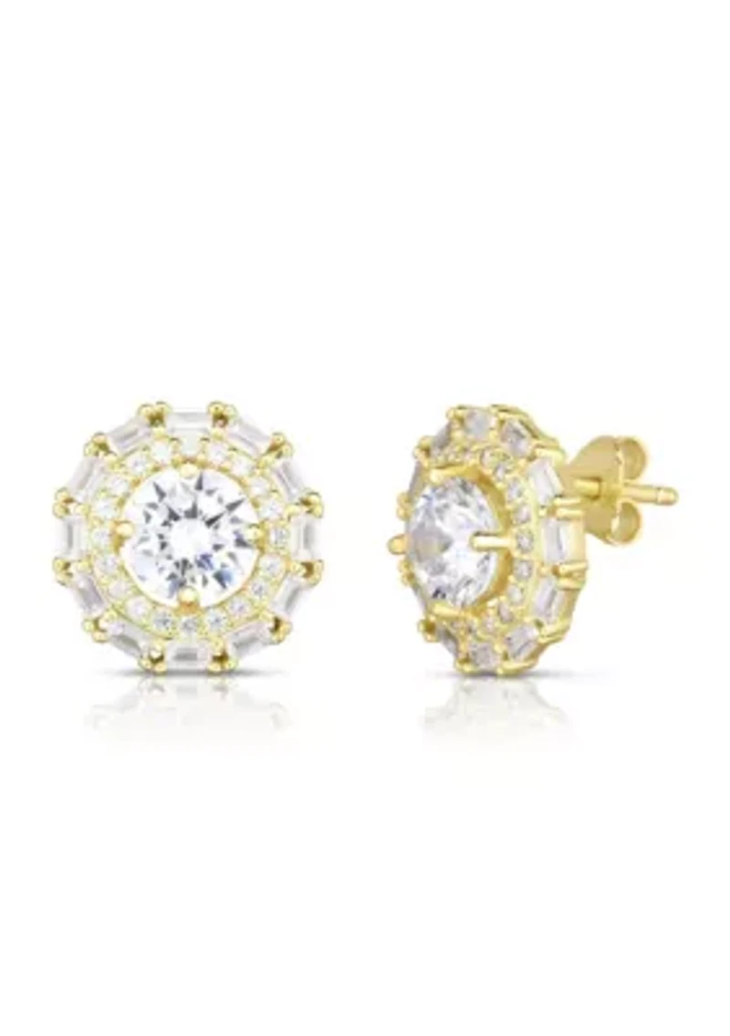 Sterling Silver Double Halo Round Cut CZ Stud Earrings