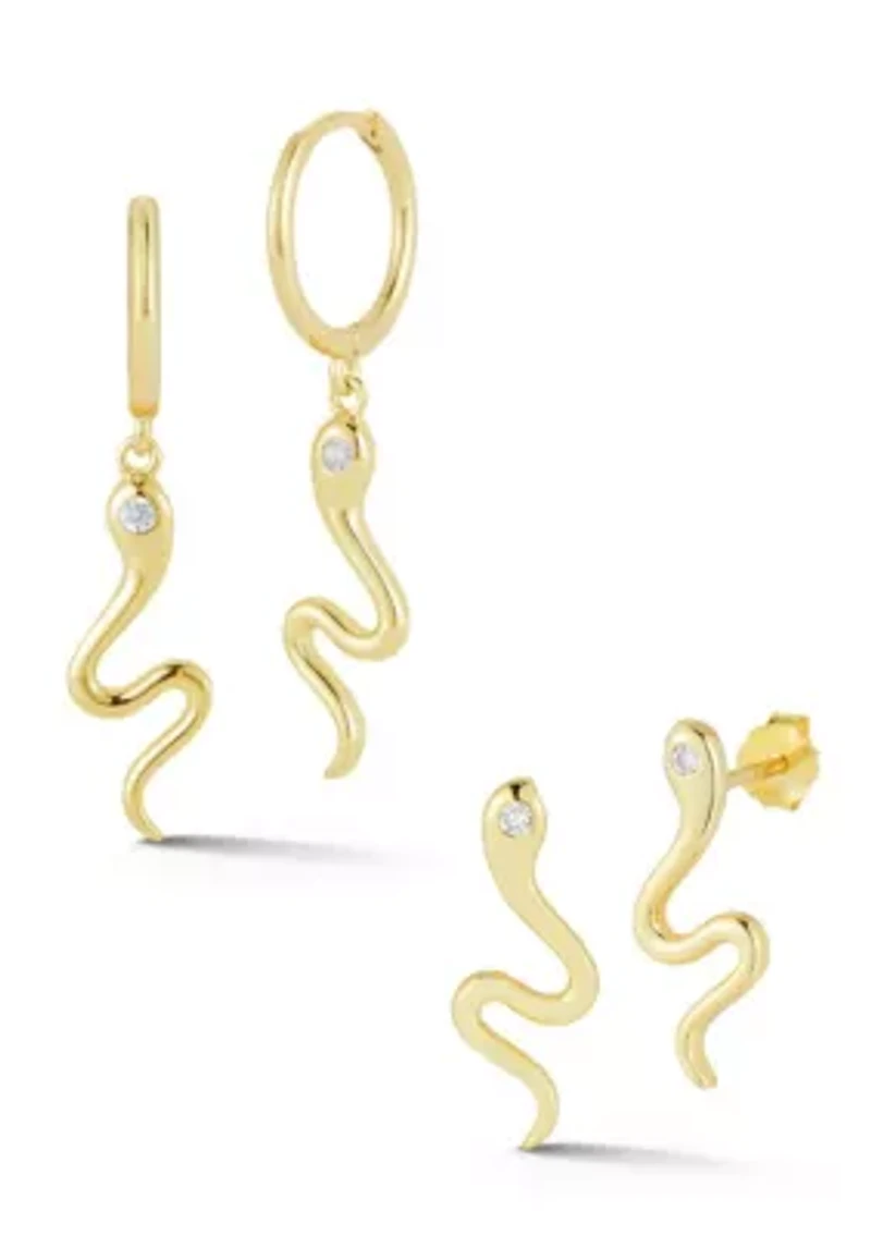 Sterling Silver Cubic Zirconia Snake Earrings 2 Pair Set