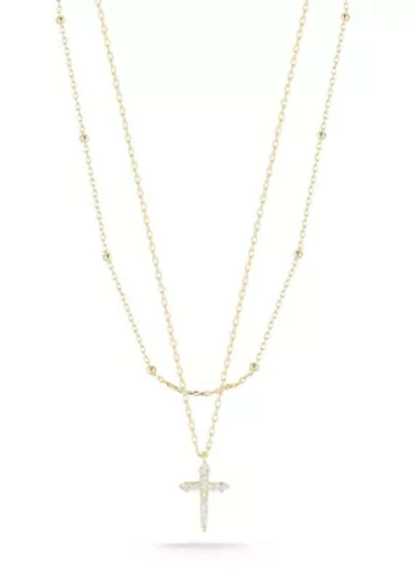 Sterling Silver Double Layer CZ Cross Pendant Necklace