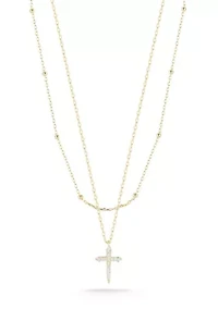 Sterling Silver Double Layer CZ Cross Pendant Necklace