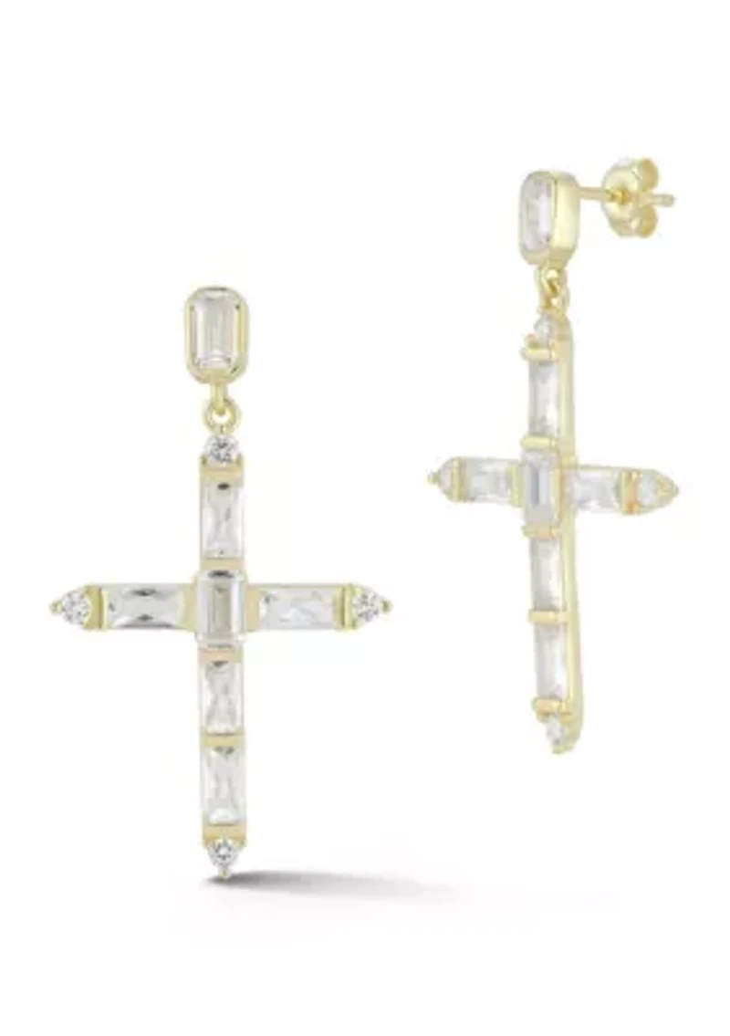Sterling Silver CZ Cross Drop Earrings