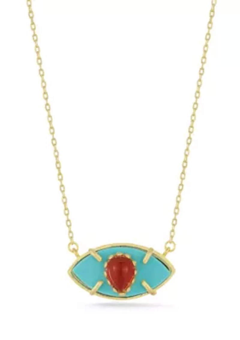Sterling Silver Synthetic Turquoise and Synthetic Coral Eye Pendant Necklace