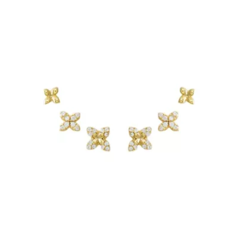 Solid/Pave Graduated Four Leaf Flower Stud Earring Combo Set
