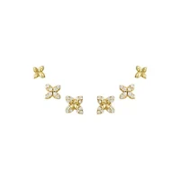 Solid/Pave Graduated Four Leaf Flower Stud Earring Combo Set