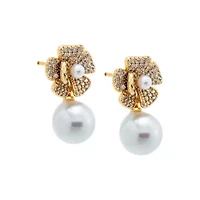 Pave Dangling Flower Pearl Stud Earring