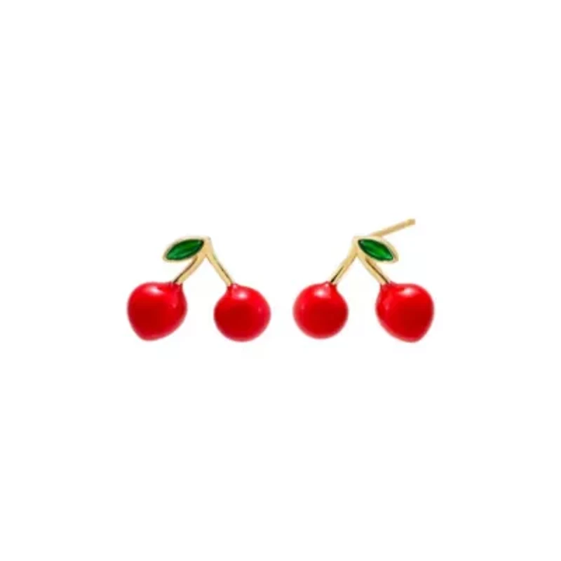 Red Enamel & Green CZ Cherry Stud Earring
