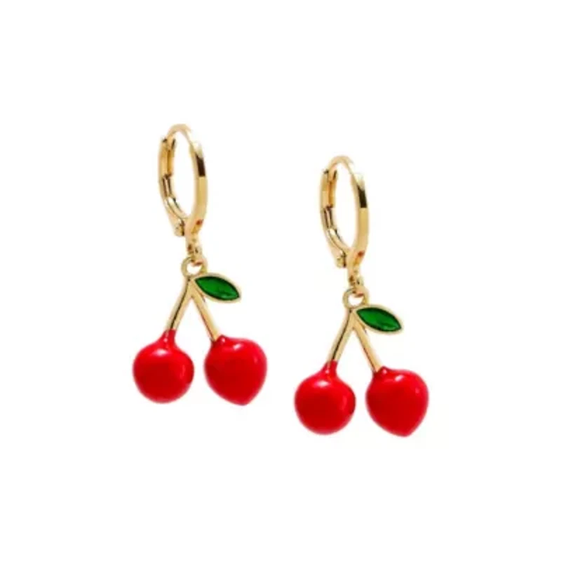 Red Enamel Dangling Cherry Huggie Earring