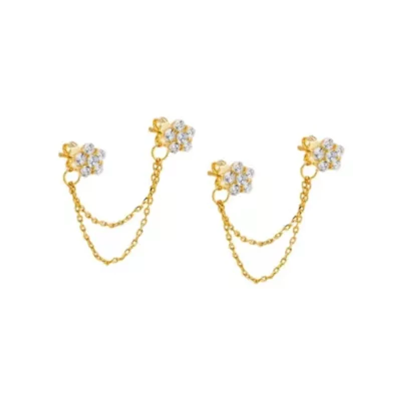 CZ Double Flower Chain Stud Earring