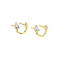 Double CZ Teardrop Chain Stud Earring