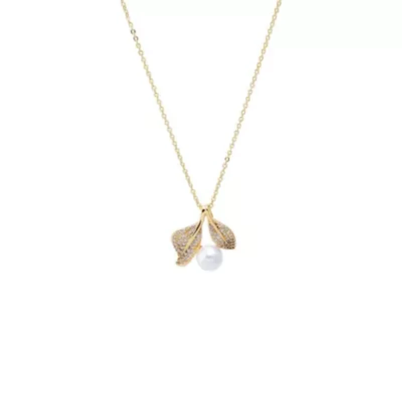 Pearl & Pave Leaf Charm Necklace