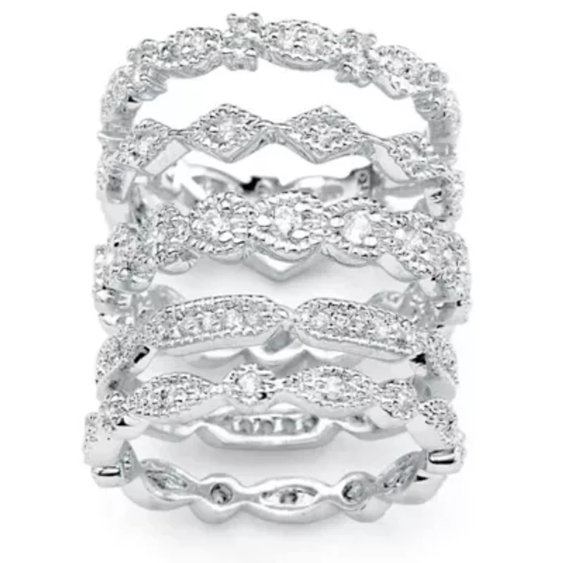 5 Piece 1.55 TCW Round Cubic Zirconia Stack Eternity Bands Set Silvertone