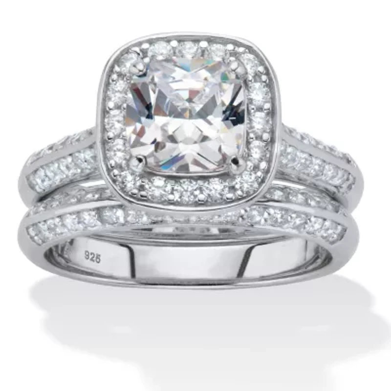 2.08 TCW Cubic Zirconia Platinum-plated Silver 2-Piece Halo Bridal Ring Set