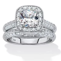 2.08 TCW Cubic Zirconia Platinum-plated Silver 2-Piece Halo Bridal Ring Set