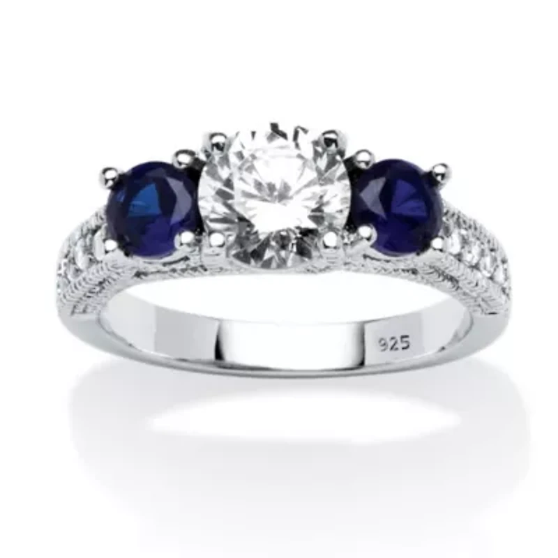 2.47 Cttw. Cubic Zirconia and Simulated Sapphire Sterling Silver 3-Stone Ring