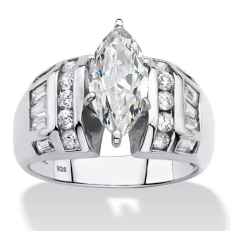 3.17 Cttw. Platinum-plated Silver Marquise-Cut Cubic Zirconia Engagement Ring