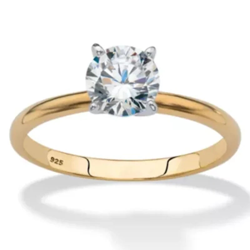 1.08 Cttw. Gold-Plated Sterling Silver Cubic Zirconia Solitaire Engagement Ring