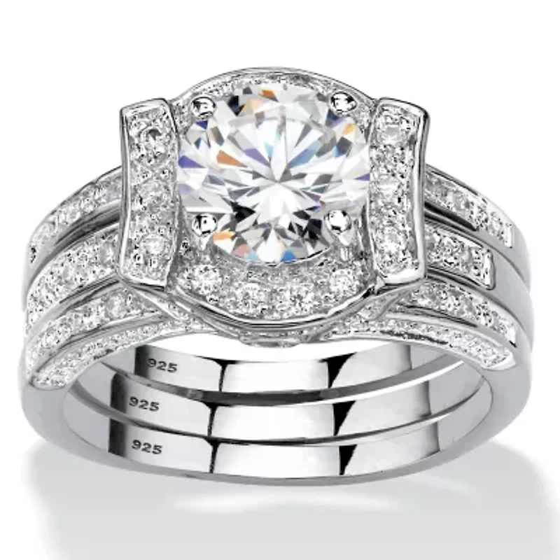 2.37 Cttw. Cubic Zirconia Platinum-plated Sterling Silver Jacket Bridal Ring Set