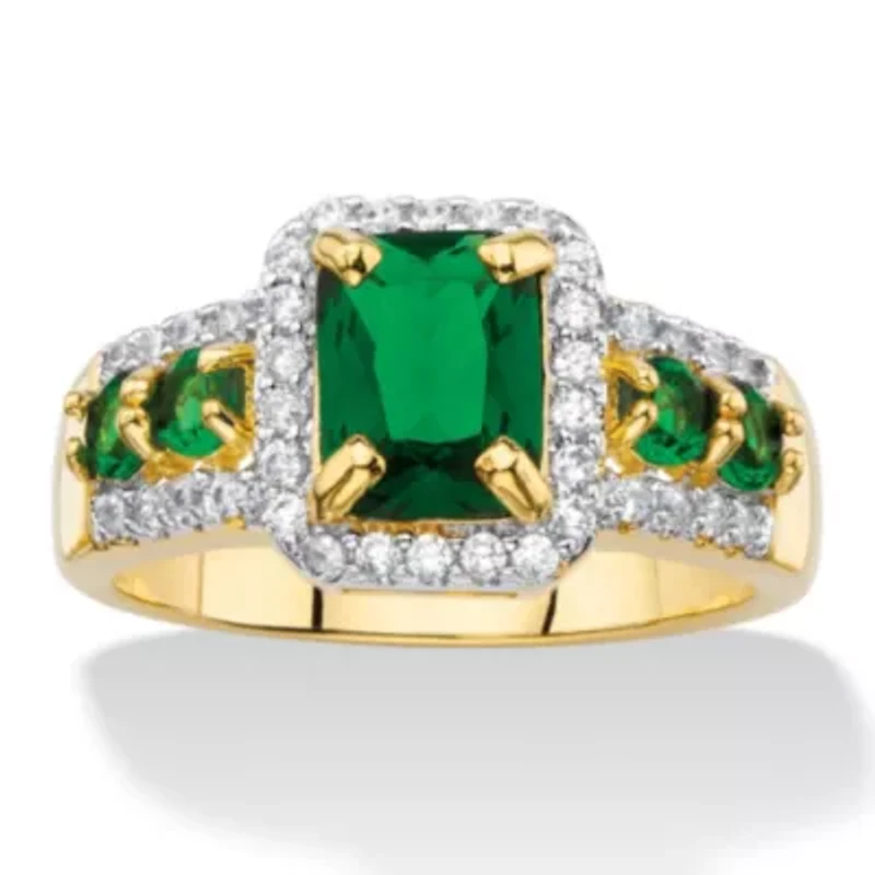 2.62 Cttw. Simulated Green Emerald & Cubic Zirconia 18k Gold-Plated Halo Ring