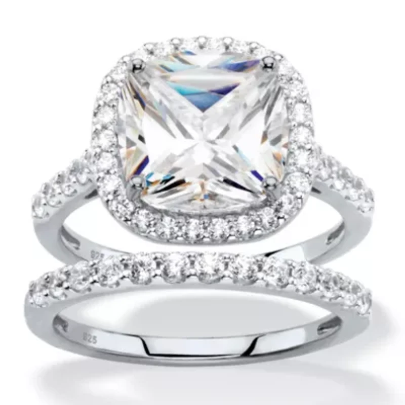 3.49 TCW Cubic Zirconia 2-Piece Platinum-plated Sterling Silver Halo Bridal Set