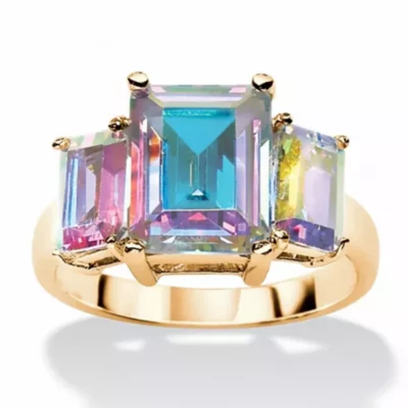5.60 TCW Emerald-Cut Aurora Borealis Gold-Plated 3-Stone Classic Ring