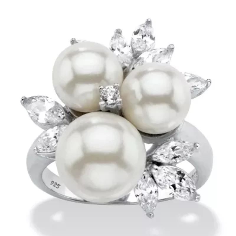 1.84 TCW Simulated Pearl and CZ Platinum-plated Sterling Silver Cocktail Ring