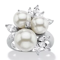 1.84 TCW Simulated Pearl and CZ Platinum-plated Sterling Silver Cocktail Ring