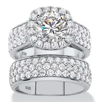 4.43 TCW Cubic Zirconia Platinum-plated Silver 2-Piece Halo Bridal Ring Set