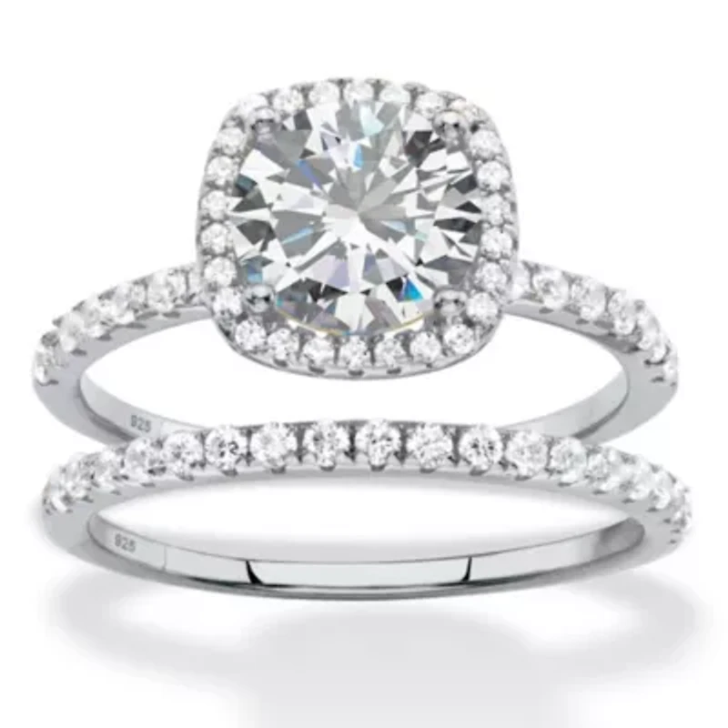 2.65 TCW Marquise Cubic Zirconia Platinum Plated .925 Silver 2-Pc. Halo Ring Set