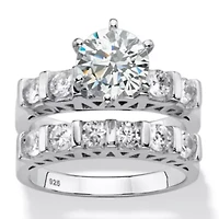 3 TCW Cubic Zirconia Platinum-plated Silver 2-Piece Bridal Wedding Ring Set