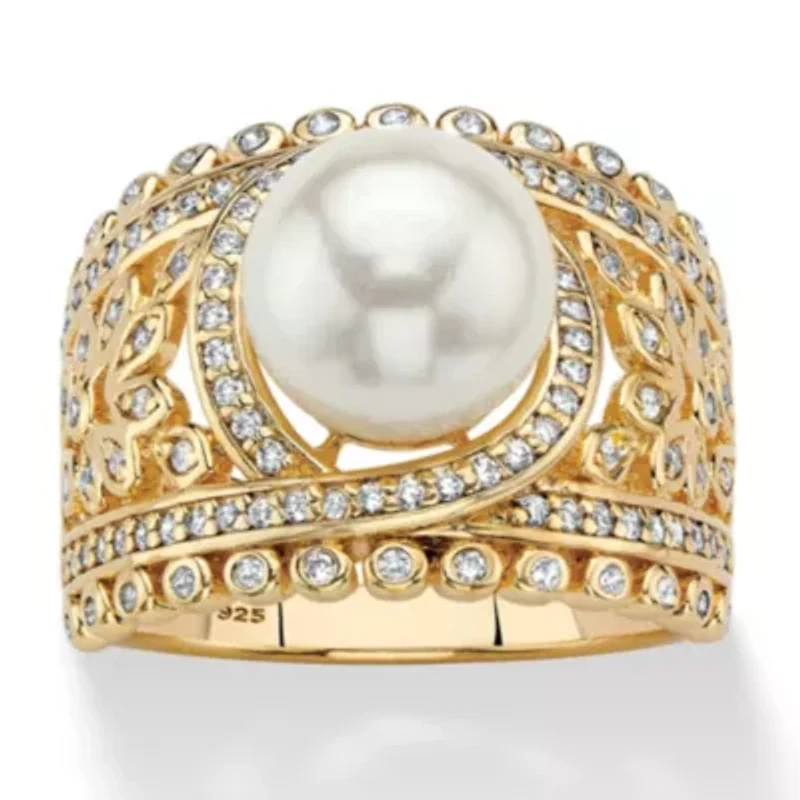.65 Cttw. 14k Gold-plated Sterling Silver Simulated Pearl and CZ Floral Ring