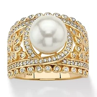 .65 Cttw. 14k Gold-plated Sterling Silver Simulated Pearl and CZ Floral Ring
