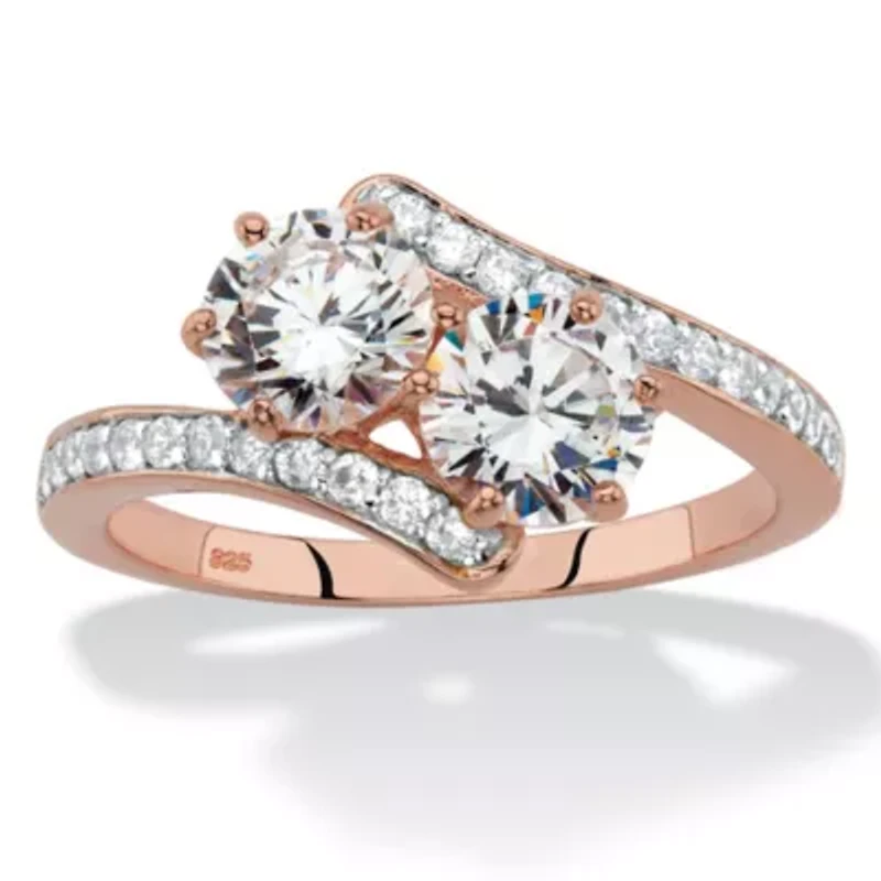 2.20 Cttw. Rose Gold-Plated .925 Silver Round Cubic Zirconia 2-Stone Bypass Ring