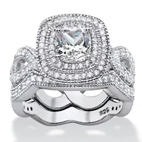 1.92 Cttw. Cubic Zirconia Platinum Plated Silver 2 Piece Halo Bridal Ring Set