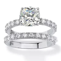 2.45 TCW Cushion-Cut Cubic Zirconia Platinum-plated Silver Bridal Ring Set