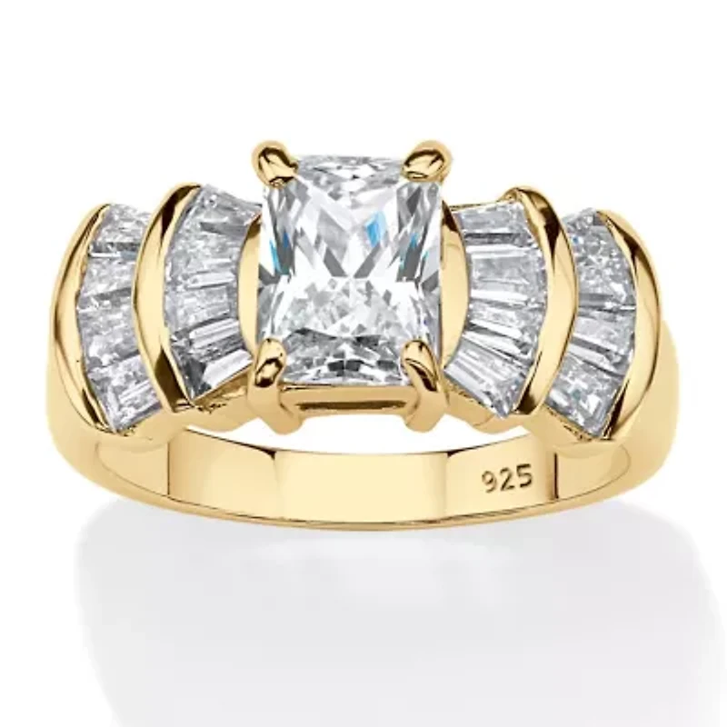 3.10 Cttw. Emerald Cut Cubic Zirconia 18K Gold Plated Silver Engagement Ring
