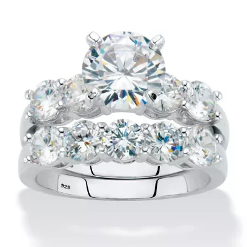 4.25 Cttw. Round Cubic Zirconia Platinum-plated Silver 2-Piece Bridal Ring Set