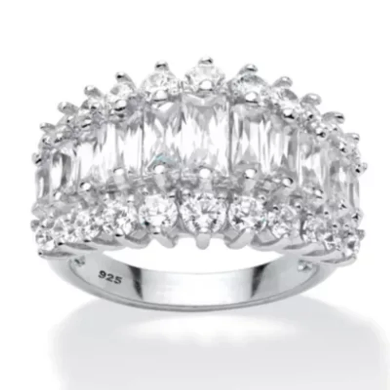 4.38 Cttw. Emerald-Cut Cubic Zirconia Platinum-plated Silver Engagement Ring