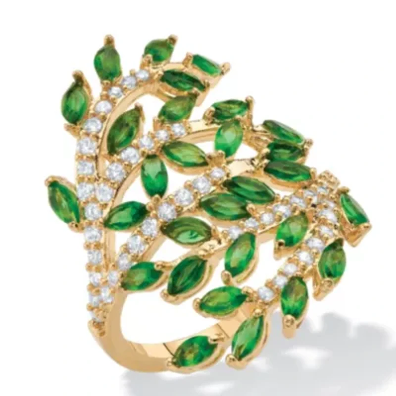 3.25 Cttw. Marquise-Cut Simulated Green Emerald & CZ Gold-Plated Leaf Ring